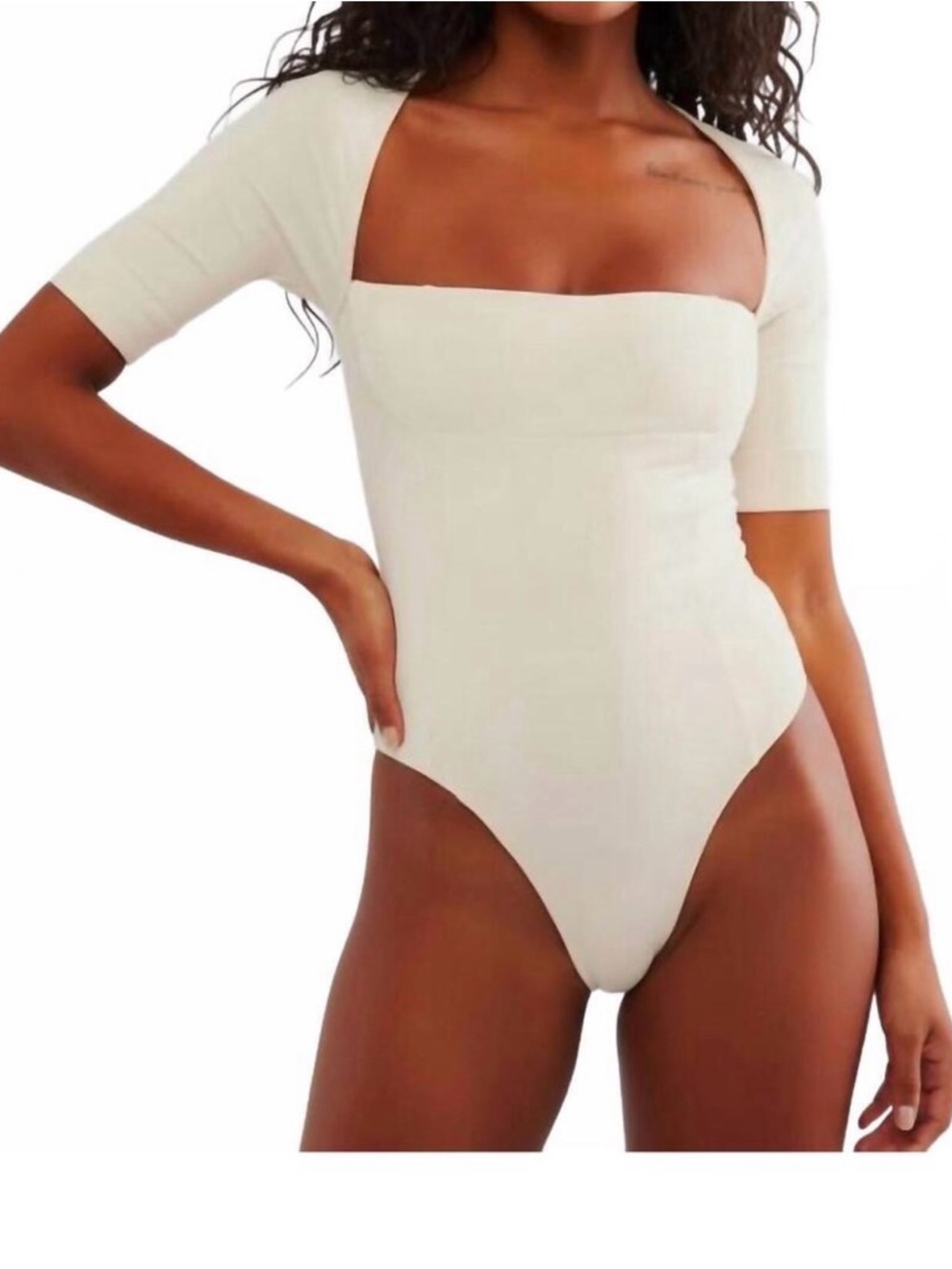 Free People Cream Square Neck Bodysuit